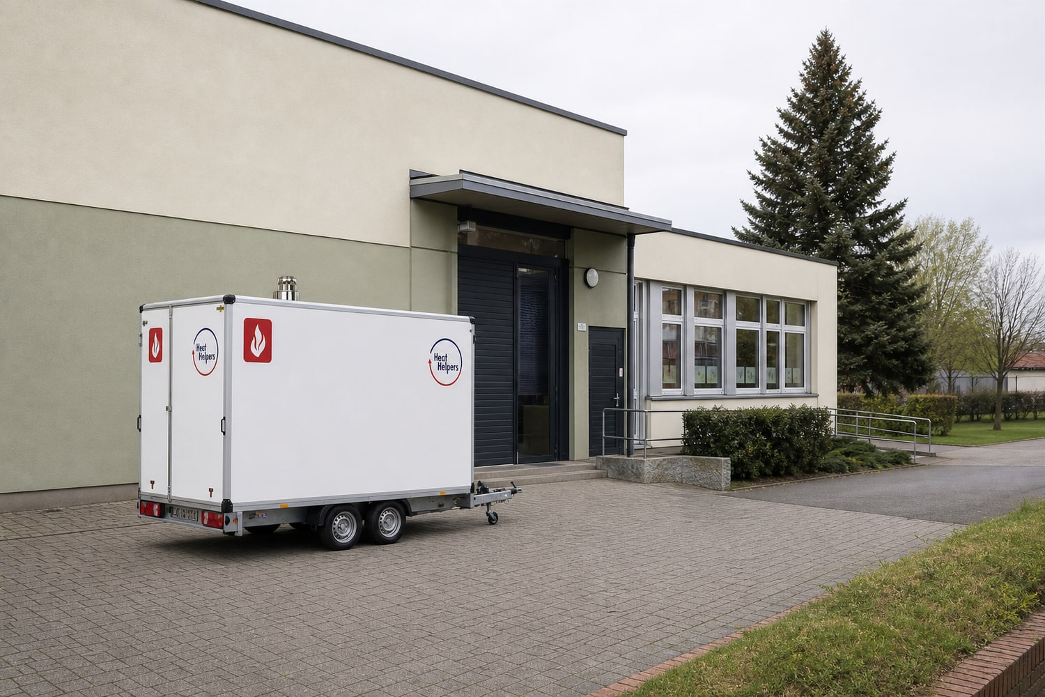 Mobile Heizzentrale während der Vorbereitung eines Kesseltauschs