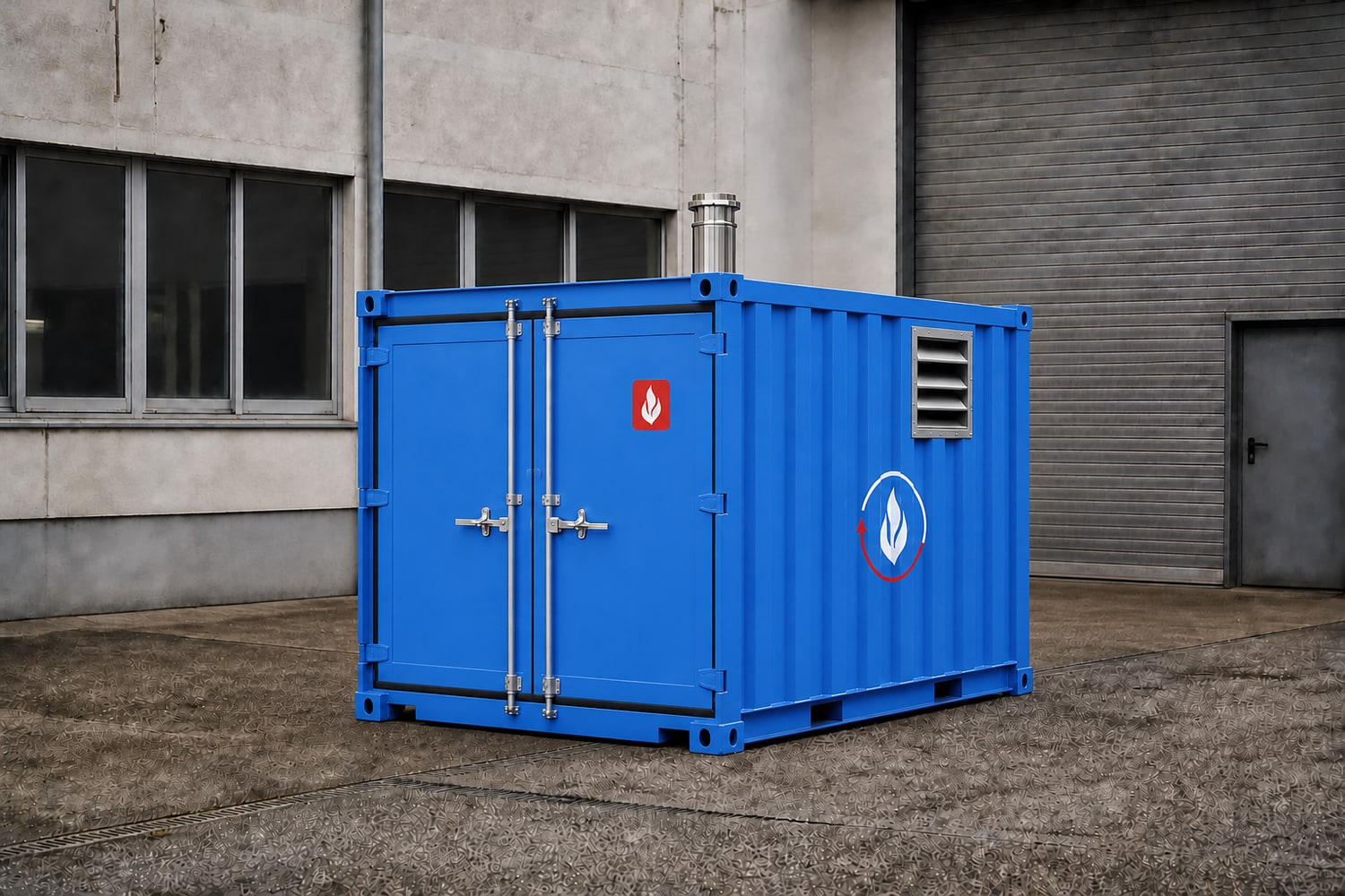 Mobile Heizzentrale vor einer im Ausbau befindlichen Halle